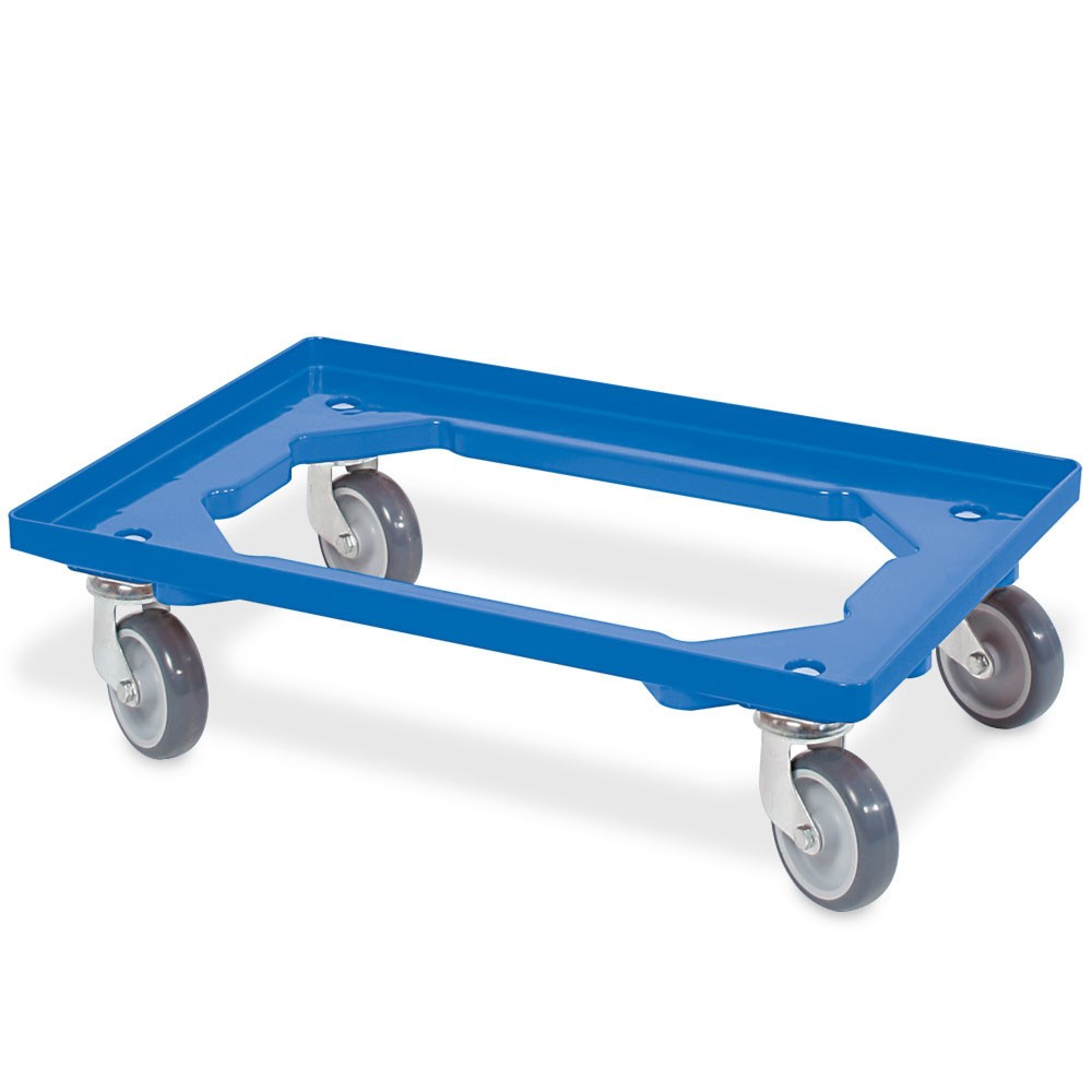 Produktabbildung: Transportroller für Euro-Stapelbehälter 600x400 mm blau, 4 Lenkrollen, graue Gummiräder