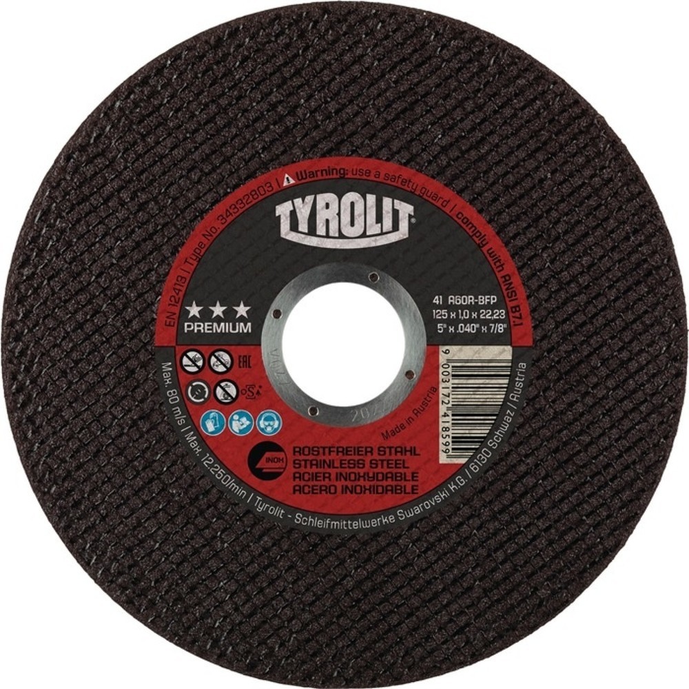 Produktabbildung: TYROLIT Trennscheibe Premium D125x1mm ger.INOX Bohr.22,23mm
