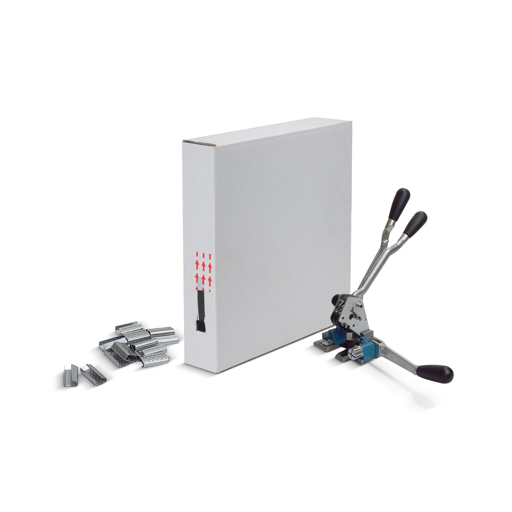 Produktabbildung: Umreifungs-Set Basic inkl. PP-Umreifungsband und Verschlusshülsen, Bandbreite 13 mm
