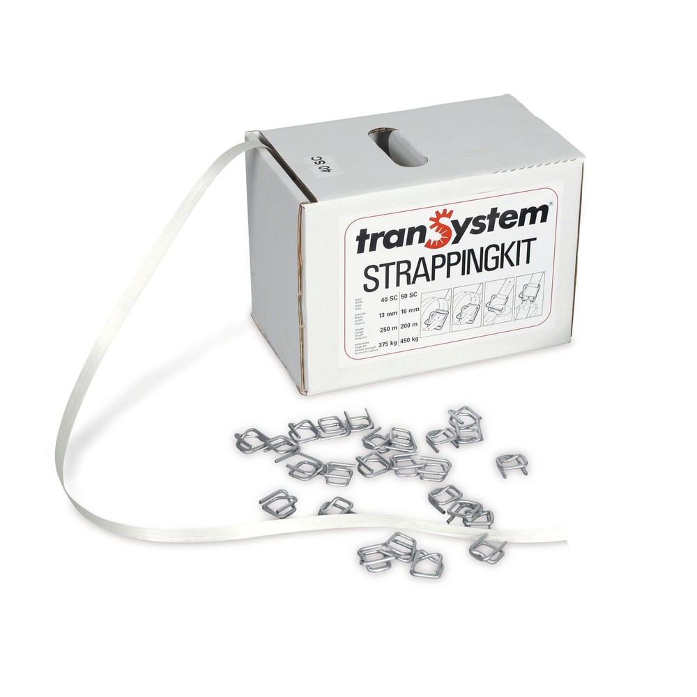 Produktabbildung: Umreifungsband-Set aus PET, verleimt, 13 mm x 250 lfm., inkl. Metallschnallen, weiß