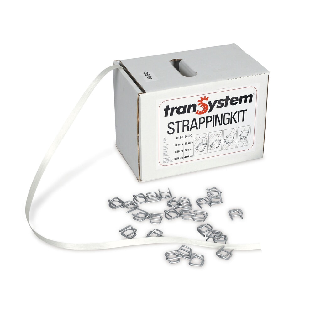 Produktabbildung: Umreifungsband-Set aus PET, verleimt, 16 mm x 200 lfm., inkl. Metallschnallen, weiß