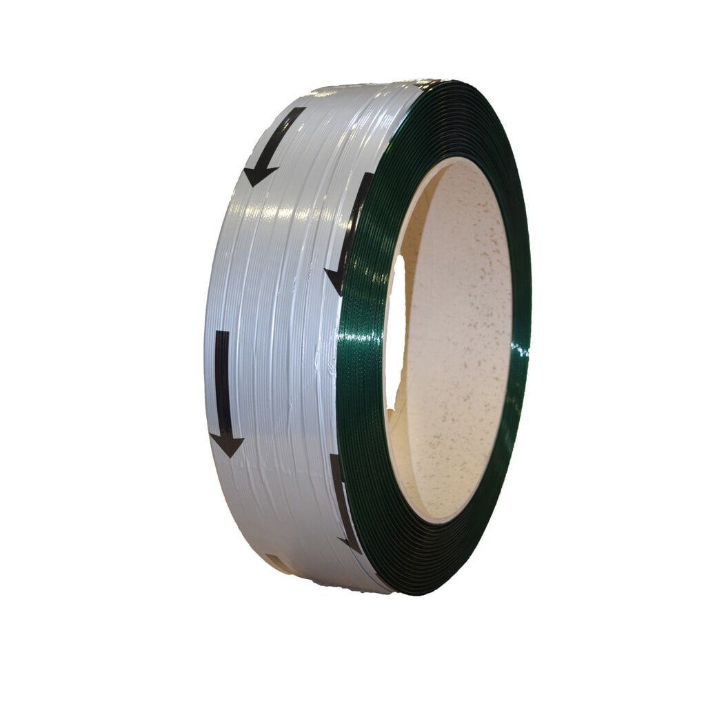 Umreifungsband aus PET, PREMIUM, glatt, 19 mm x 750 lfm., Kern-Ø 406 mm, Stärke 1,27 mm, grün Produktabbildung: Umreifungsband aus PET, PREMIUM, glatt, 19 mm x 750 lfm., Kern-Ø 406 mm, Stärke 1,27 mm, grün