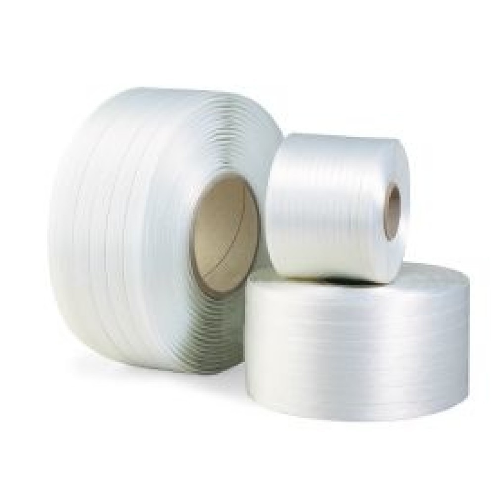 Produktabbildung: Umreifungsband aus Polyester, fadenverstärkt, 13 mm x 1.100 lfm., Kern-Ø 75 mm, Reißfestigkeit 380 kp, weiß