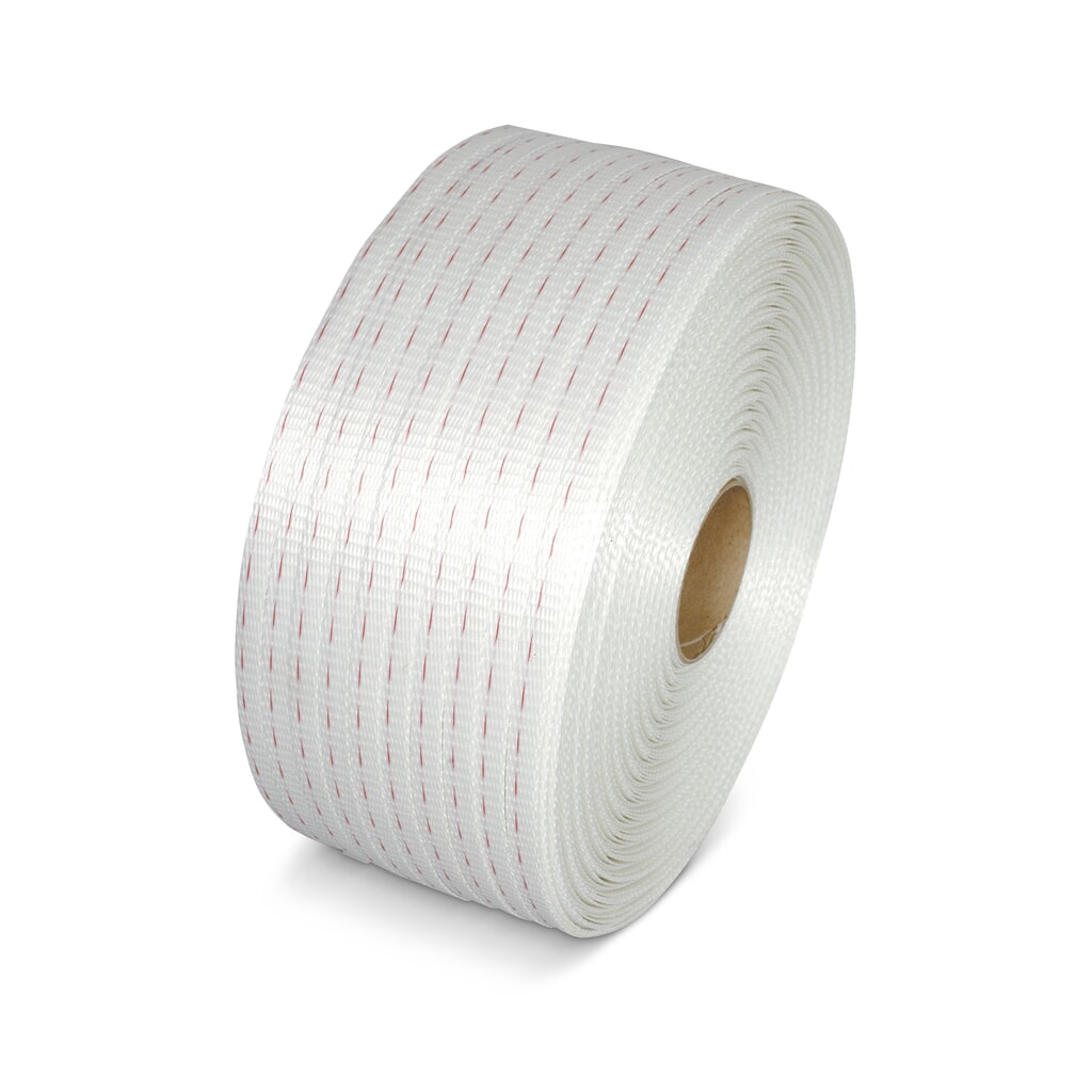 Umreifungsband aus Polyester, gewebt, 19 mm x 500 lfm., Kern-Ø 76 mm, weiß Produktabbildung: Umreifungsband aus Polyester, gewebt, 19 mm x 500 lfm., Kern-Ø 76 mm, weiß