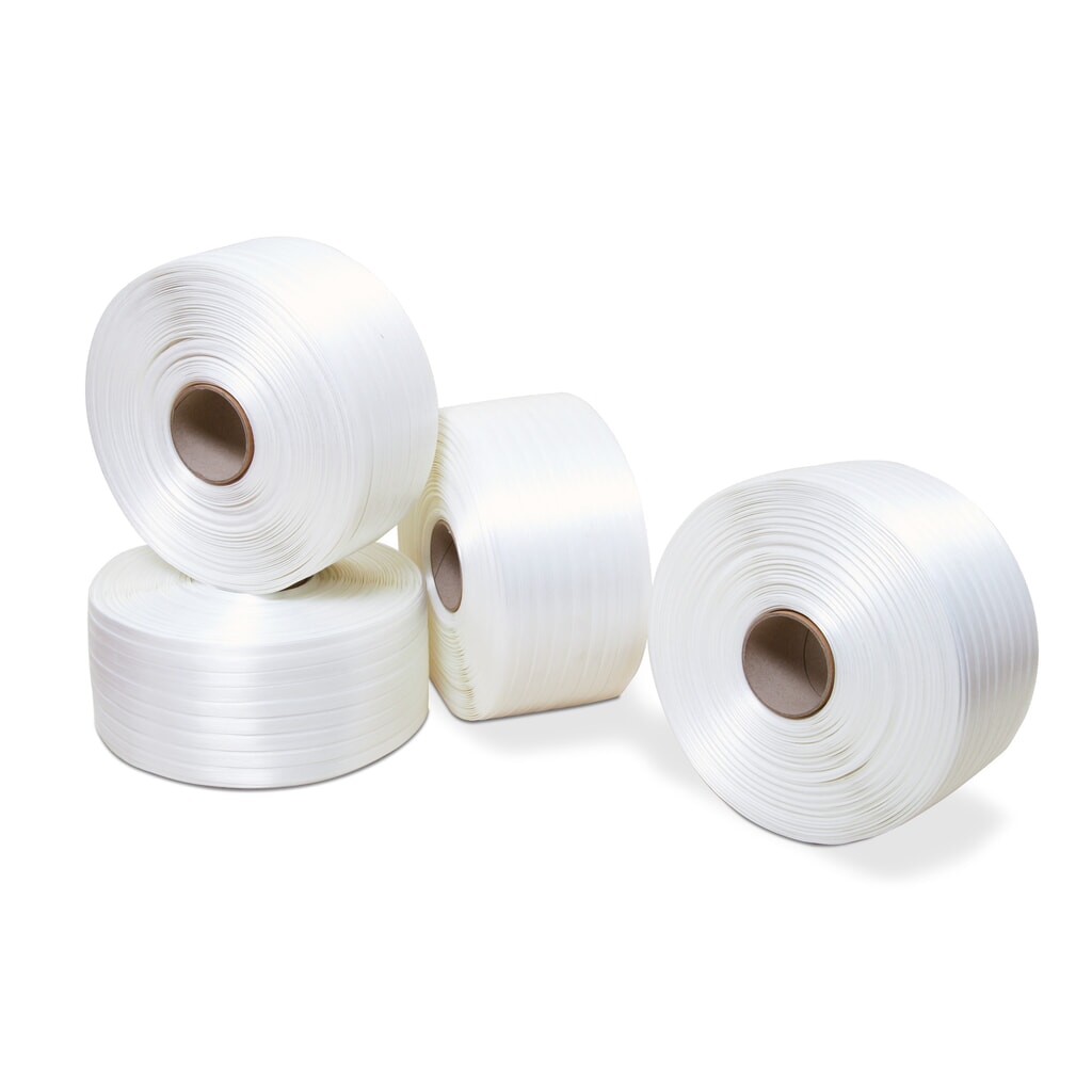 Umreifungsband aus Polyester, verleimt, 30 mm x 150 lfm., Kern-Ø 76 mm, weiß Produktabbildung: Umreifungsband aus Polyester, verleimt, 30 mm x 150 lfm., Kern-Ø 76 mm, weiß