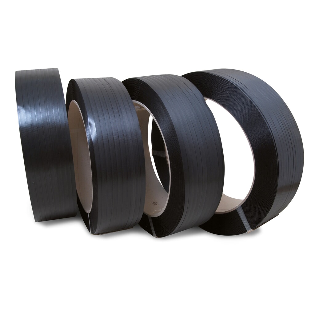 Umreifungsband aus PP, gewaffelt, 16 mm x 1.800 lfm., Kern-Ø 406 mm, Stärke 0,73 mm, schwarz Produktabbildung: Umreifungsband aus PP, gewaffelt, 16 mm x 1.800 lfm., Kern-Ø 406 mm, Stärke 0,73 mm, schwarz