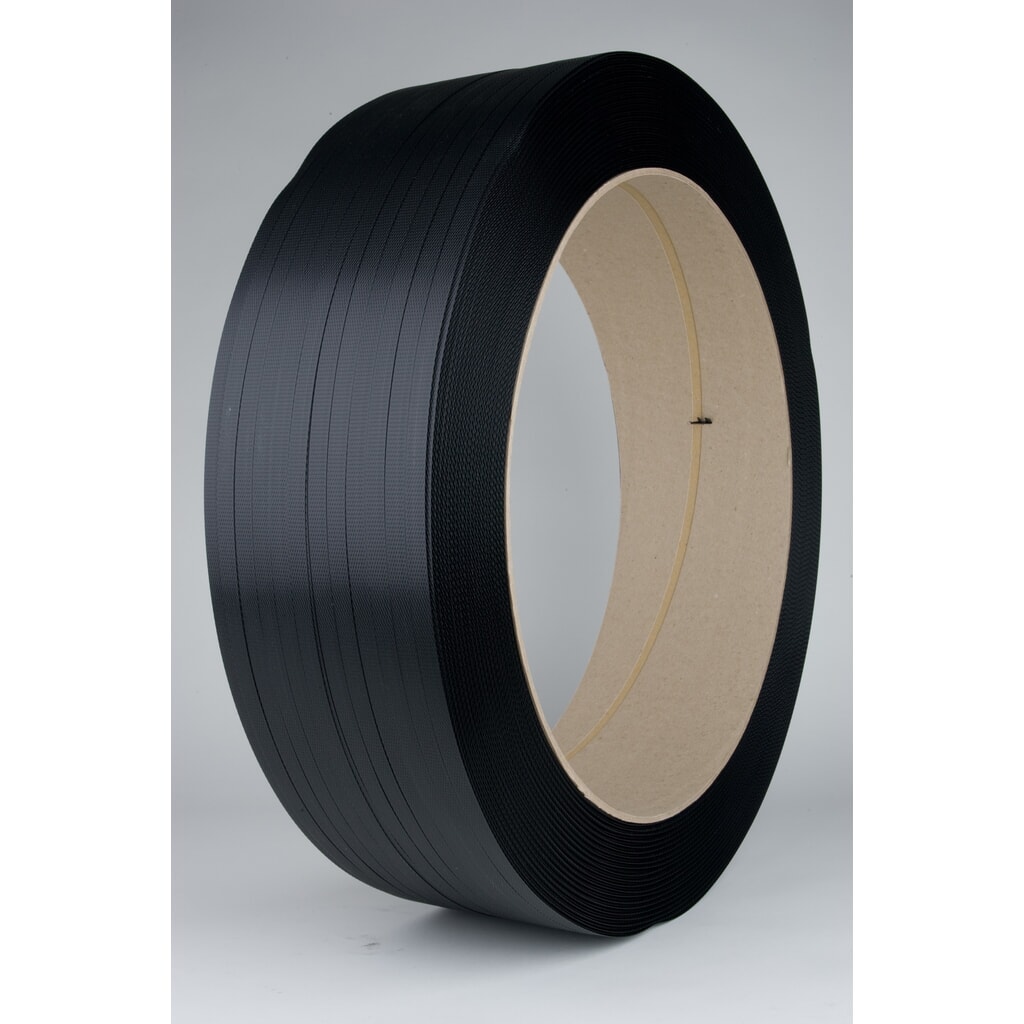 Umreifungsband aus PP, SA-Qualität, gewaffelt, 16 mm x 1.500 lfm., Kern-Ø 406 mm , Stärke 0,80 mm, schwarz Produktabbildung: Umreifungsband aus PP, SA-Qualität, gewaffelt, 16 mm x 1.500 lfm., Kern-Ø 406 mm , Stärke 0,80 mm, schwarz