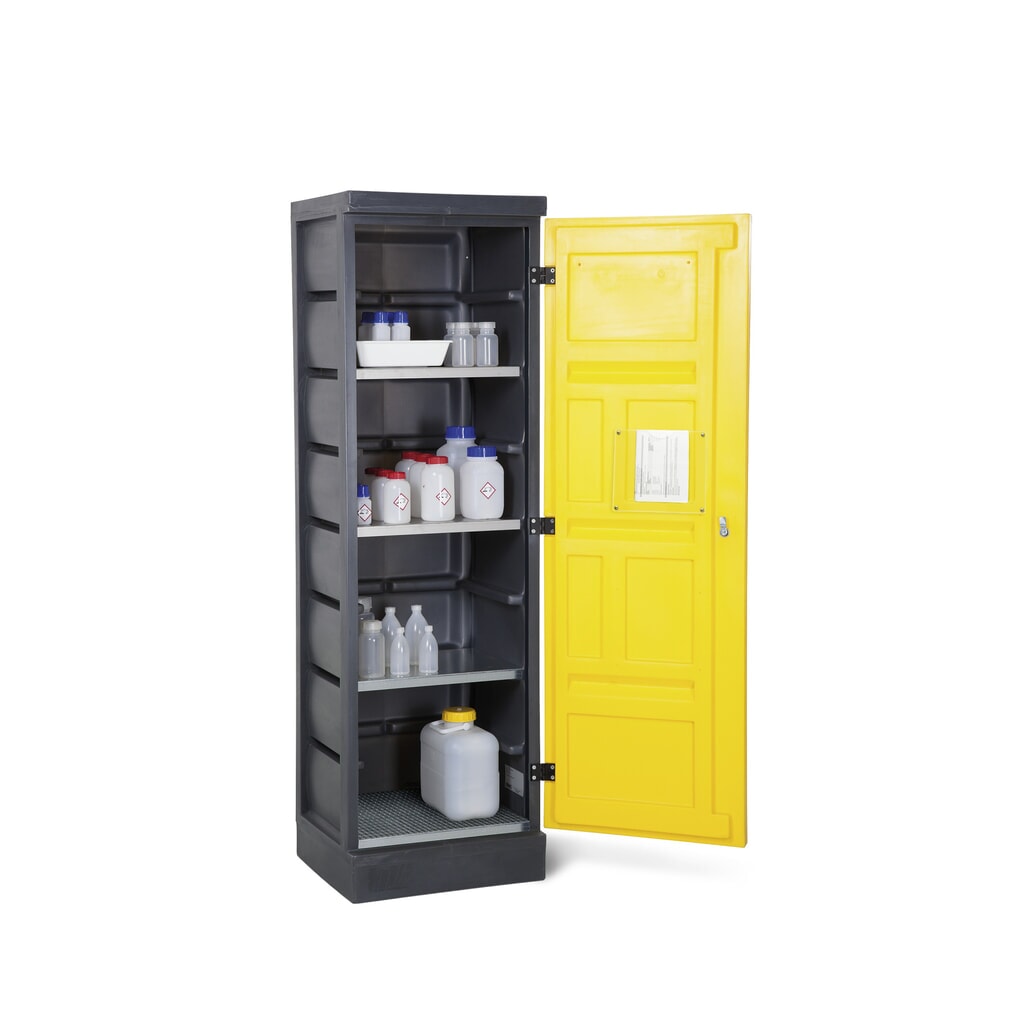 Produktabbildung: Denios Chemikalienschrank aus PE, HxBxT 1.990  x 610 x 640 mm, 3 Wannen + 1 Edelstahl-Gitterrost