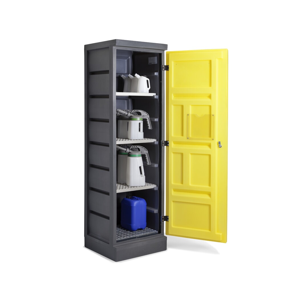 Denios Chemikalienschrank aus PE, HxBxT 1.990 x 610 x 640 mm, 4 Gitterroste, verzinkt Produktabbildung: Denios Chemikalienschrank aus PE, HxBxT 1.990 x 610 x 640 mm, 4 Gitterroste, verzinkt