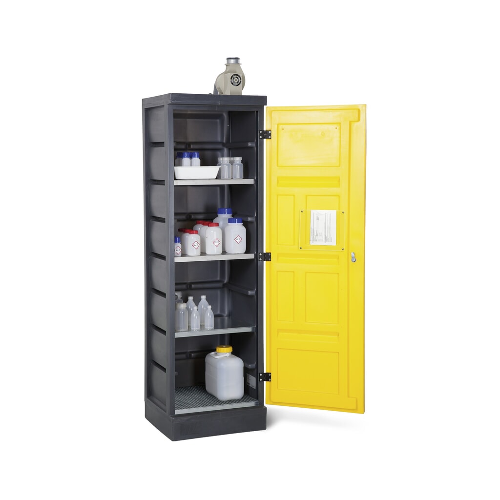 Denios Chemikalienschrank aus PE, HxBxT 1.990 x 610 x 640 mm, 3 Wannen + 1 Gitterrost, verzinkt Produktabbildung: Denios Chemikalienschrank aus PE, HxBxT 1.990 x 610 x 640 mm, 3 Wannen + 1 Gitterrost, verzinkt