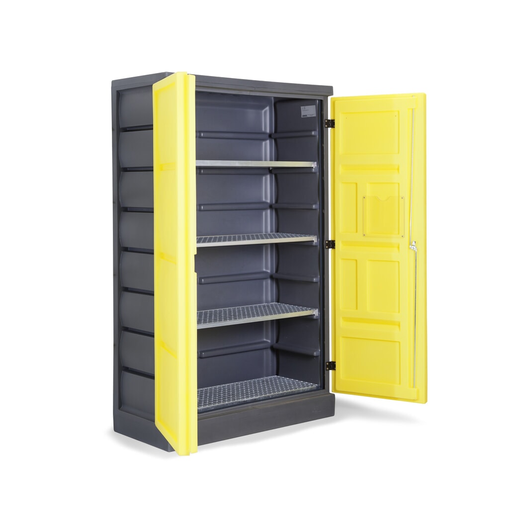 Produktabbildung: Denios Chemikalienschrank aus PE, HxBxT 1.990 x 1.225 x 640 mm, 4 Edelstahl-Gitterroste