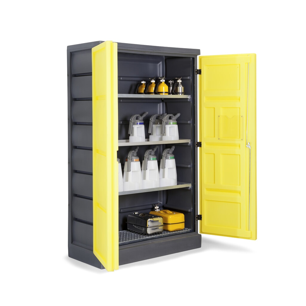 Denios Chemikalienschrank aus PE, HxBxT 1.990 x 1.225 x 640 mm, 3 Wannen + 1 Edelstahl-Gitterrost Produktabbildung Nr. 6: Denios Chemikalienschrank aus PE, HxBxT 1.990 x 1.225 x 640 mm, 3 Wannen + 1 Edelstahl-Gitterrost