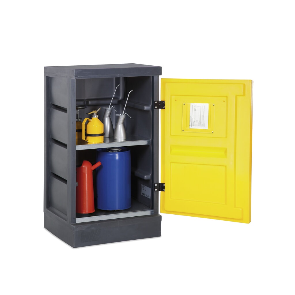 Denios Chemikalienschrank aus PE, HxBxT 1.130 x 610 x 640 mm, 1 Wanne + 1 Gitterrost, verzinkt Produktabbildung: Denios Chemikalienschrank aus PE, HxBxT 1.130 x 610 x 640 mm, 1 Wanne + 1 Gitterrost, verzinkt