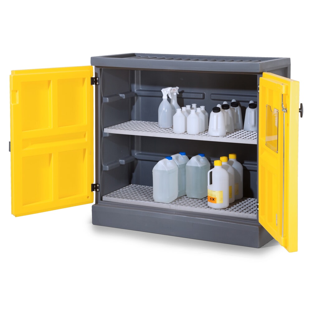 Denios Chemikalienschrank aus PE, HxBxT 1.130 x 1.225 x 640 mm, 2 Edelstahl-Gitterroste Produktabbildung: Denios Chemikalienschrank aus PE, HxBxT 1.130 x 1.225 x 640 mm, 2 Edelstahl-Gitterroste