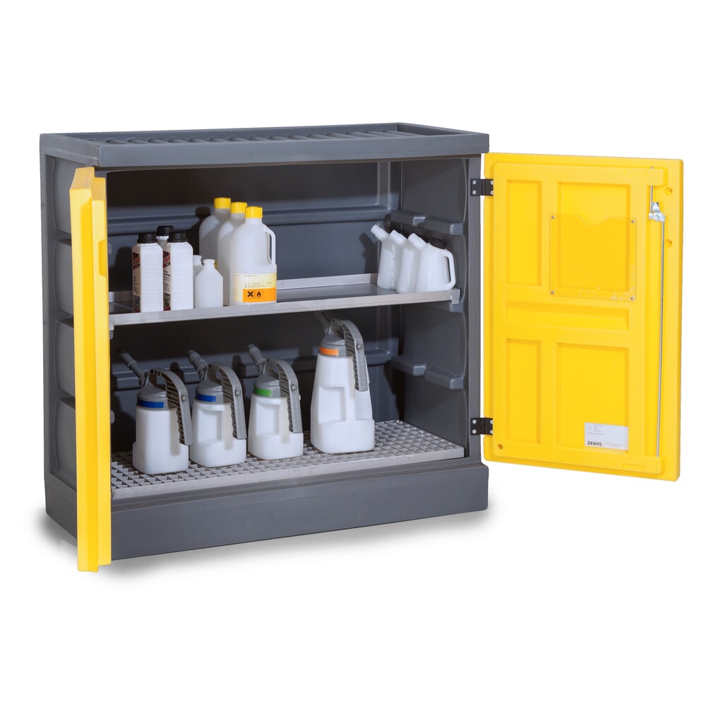 Denios Chemikalienschrank aus PE, HxBxT 1.130 x 1.225 x 640 mm, 1 Wanne + 1 Edelstahl-Gitterrost Produktabbildung: Denios Chemikalienschrank aus PE, HxBxT 1.130 x 1.225 x 640 mm, 1 Wanne + 1 Edelstahl-Gitterrost