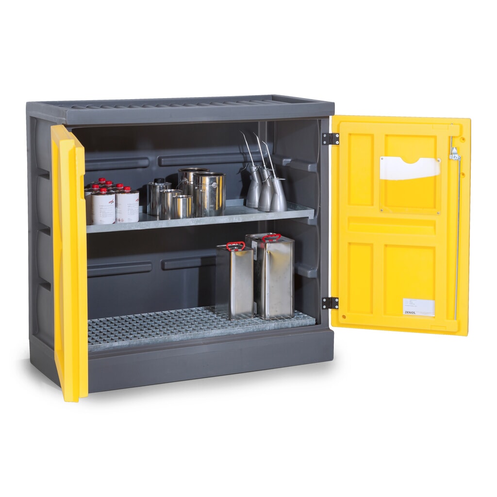 Denios Chemikalienschrank aus PE, HxBxT 1.130 x 1.225 x 640 mm, 1 Wanne + 1 Gitterrost, verzinkt Produktabbildung: Denios Chemikalienschrank aus PE, HxBxT 1.130 x 1.225 x 640 mm, 1 Wanne + 1 Gitterrost, verzinkt