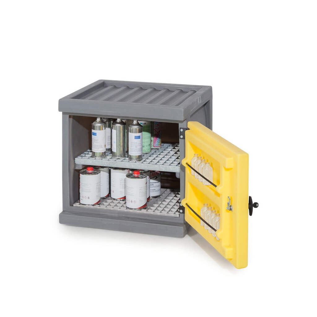 Produktabbildung: Denios Chemikalienschrank PolyStore Mini, HxBxT 600 x 610 x 640 mm, 2 Gitterroste verzinkt