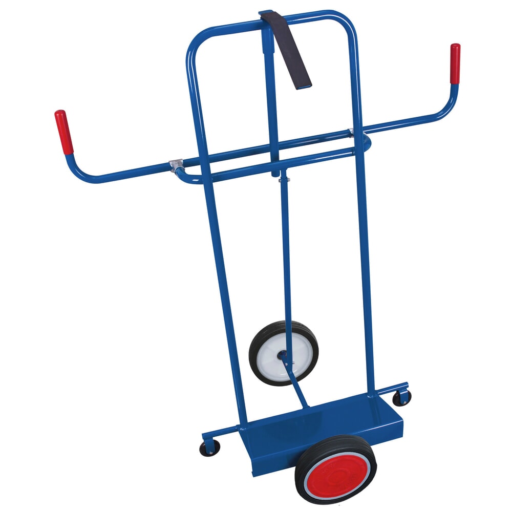 Produktabbildung: VARIOfit® Platten-Sackkarre aus Stahl, Tragkraft 250 kg, mit Stützrollen, variable Plattensicherung, Schaufel BxT 500 x 200 mm, Vollgummi-Bereifung, enzianblau