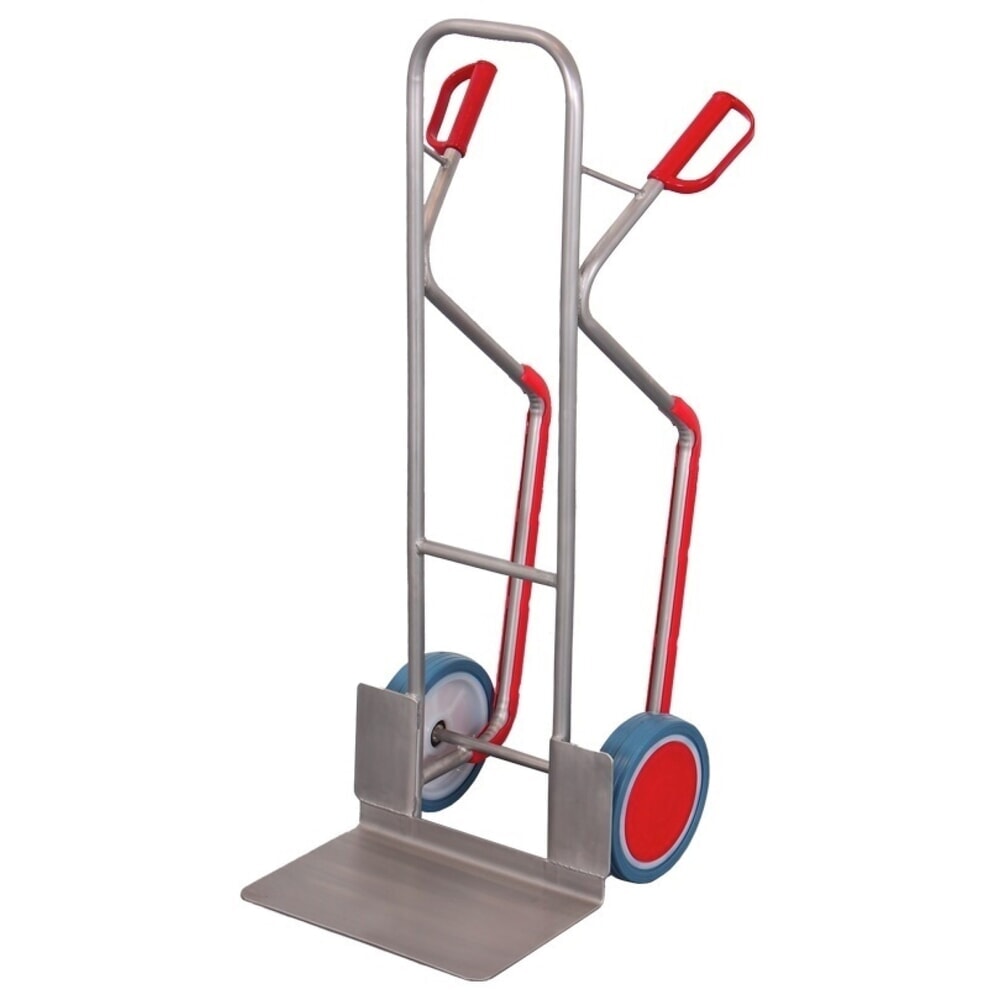 VARIOfit® Sackkarre aus Edelstahl mit großer Schaufel, BxT 480 x 300 mm, Gleitkufen, Tragkraft 250 kg, Vollgummi-Bereifung Produktabbildung: VARIOfit® Sackkarre aus Edelstahl mit großer Schaufel, BxT 480 x 300 mm, Gleitkufen, Tragkraft 250 kg, Vollgummi-Bereifung