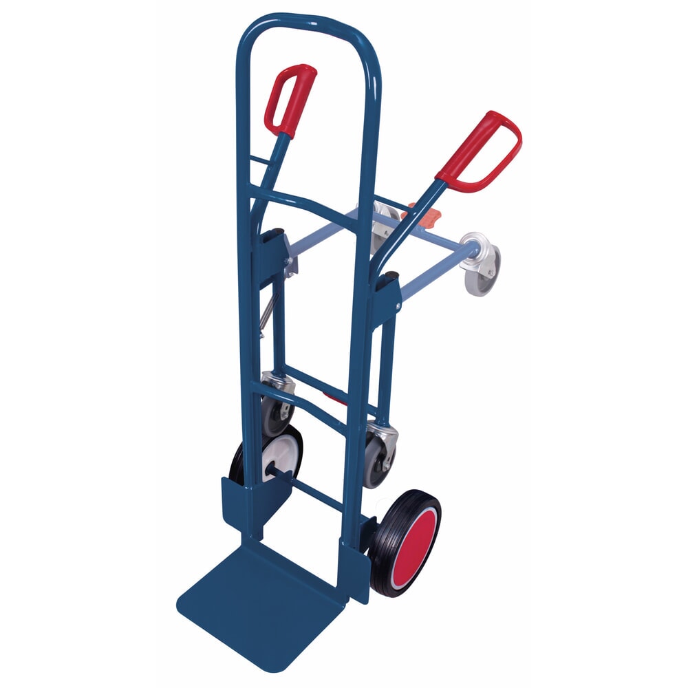 Produktabbildung: VARIOfit® Stahlrohr-Sackkarre mit Stützrädern, Tragkraft 250 kg, Schaufel BxT 320 x 250 mm, Vollgummi-Bereifung, enzianblau