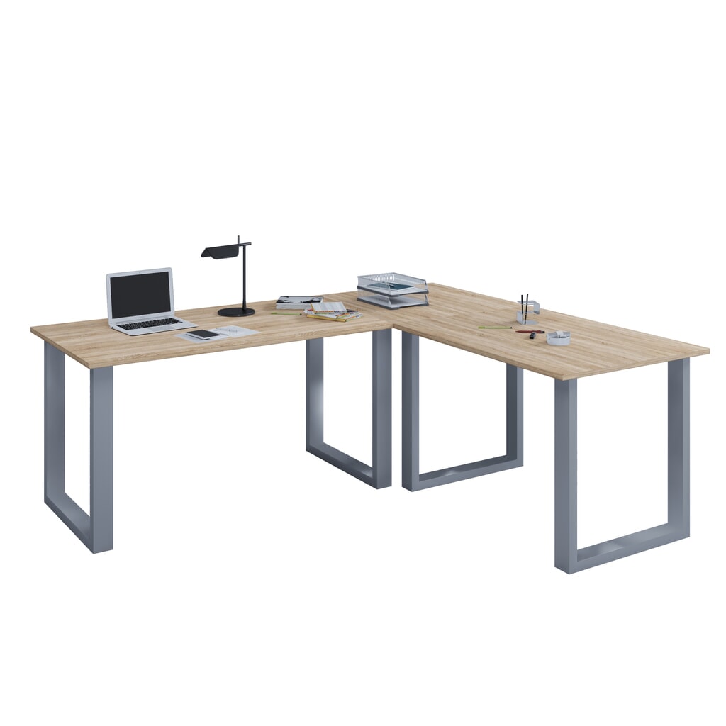 Produktabbildung: VCM Büro-Eckschreibtisch Lona, U-Fußgestell, Tischplatten BxT 1.100 x 800 und 1.100 x 800 mm, Sonoma-Eiche/silber