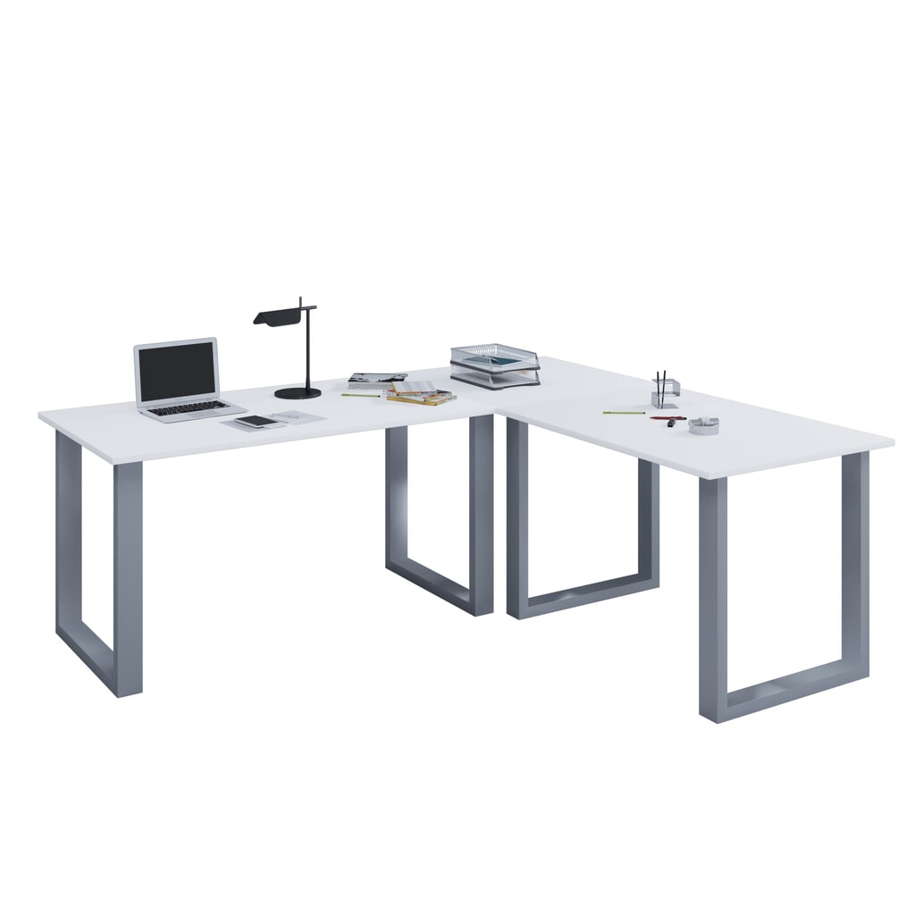 Produktabbildung: VCM Büro-Eckschreibtisch Lona, U-Fußgestell, Tischplatten BxT 1.400 x 800 und 1.100 x 800 mm, weiß/silber