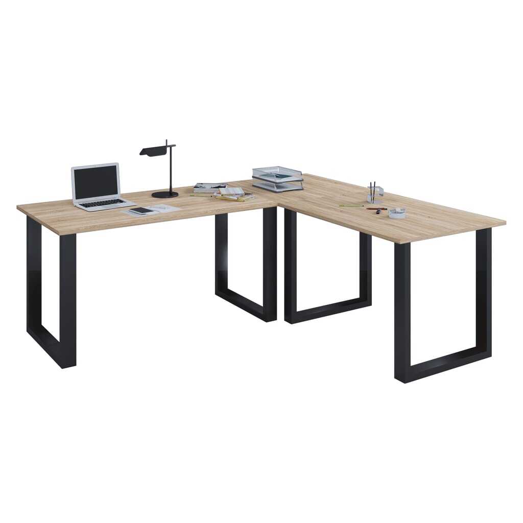 VCM Büro-Eckschreibtisch Lona, U-Fußgestell, Tischplatten BxT 1.400 x 800 und 800 x 800 mm, Sonoma-Eiche/schwarz Produktabbildung: VCM Büro-Eckschreibtisch Lona, U-Fußgestell, Tischplatten BxT 1.400 x 800 und 800 x 800 mm, Sonoma-Eiche/schwarz