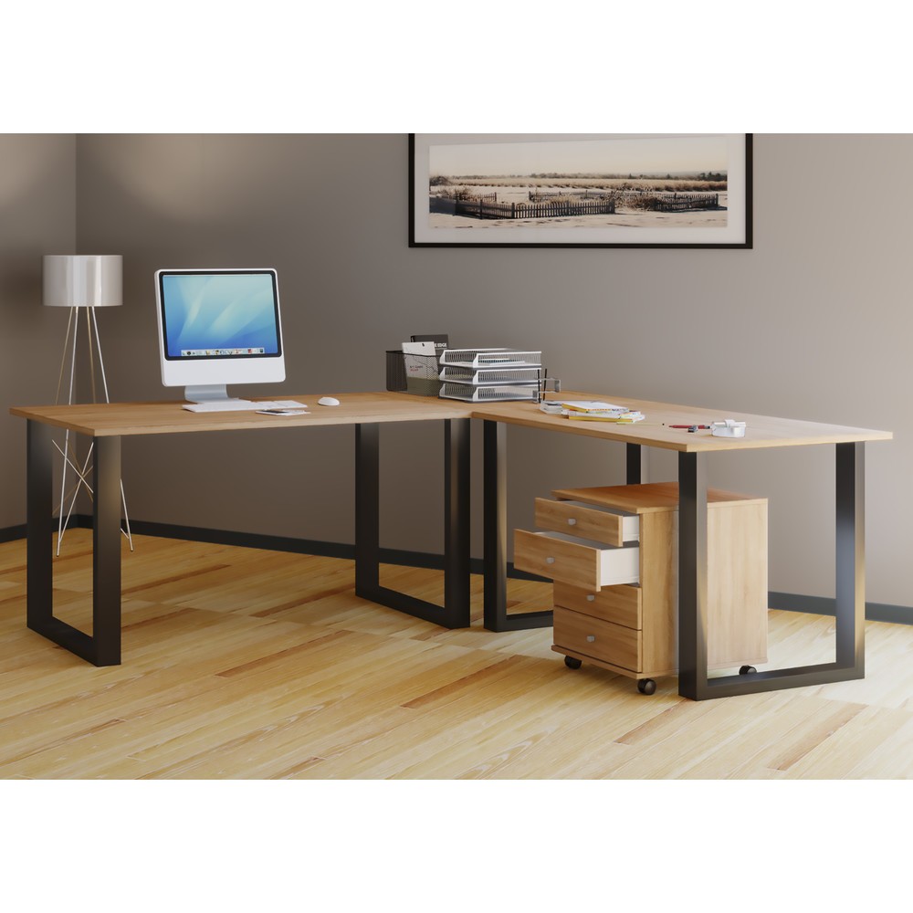 Produktabbildung Nr. 2: VCM Büro-Eckschreibtisch Lona, U-Fußgestell, Tischplatten BxT 1.400 x 800 und 800 x 800 mm, Sonoma-Eiche/schwarz
