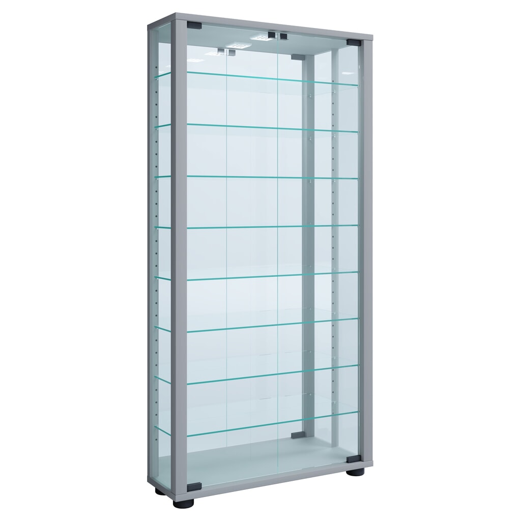 Produktabbildung: VCM Wandvitrine Vitrosa Maxi mit Spiegel, inkl. LED-Beleuchtung, silber