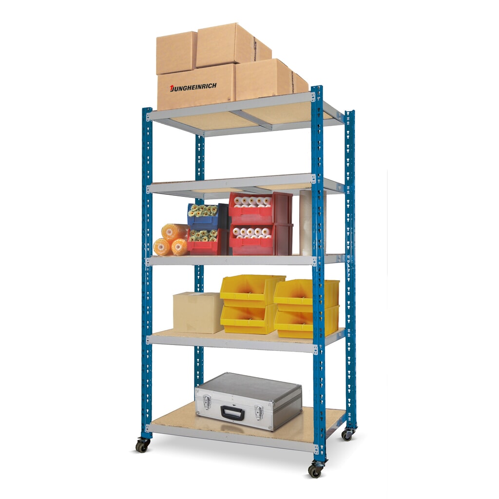 Verfahrbares Fachbodenregal enzianblau mit 3 Spanplattenböden, Fachlast 300 kg, HxBxT 900 x 1.000 x 600 mm Produktabbildung: Verfahrbares Fachbodenregal enzianblau mit 3 Spanplattenböden, Fachlast 300 kg, HxBxT 900 x 1.000 x 600 mm