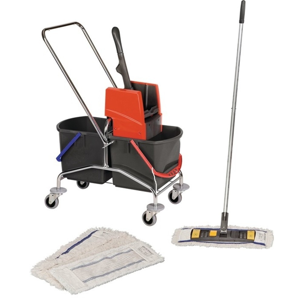 Produktabbildung: VERMOP Reinigungswagenset, Stahlrohr, Eimer 2x17l Presse/Stiel/Halter/4 Mopps