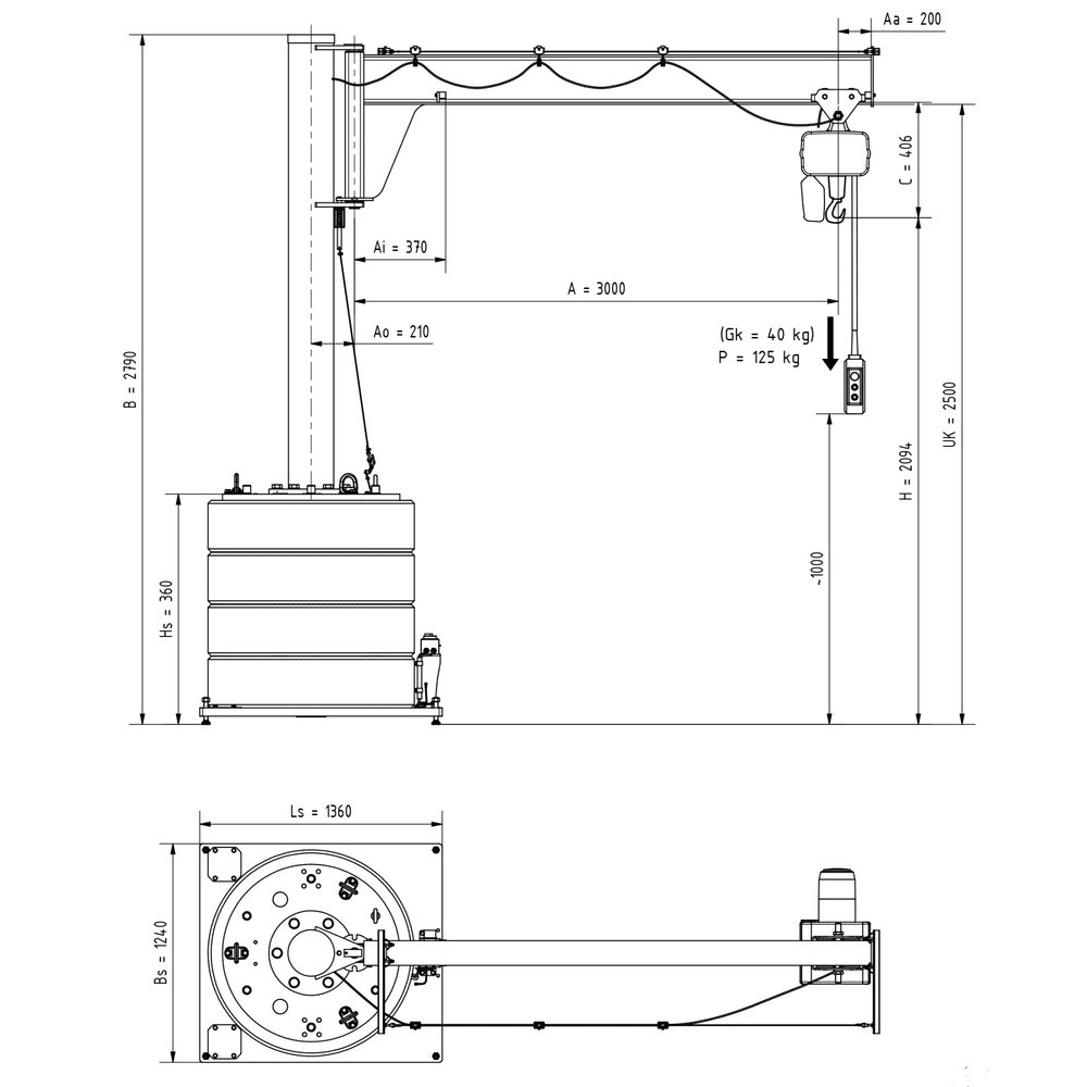 Produktabbildung Nr. 2: VETTER® Schwenkkran inkl. LIFTKET Elektrokettenzug, Schwenkbereich 270°, Ausladung 3.000 mm, TK 125 kg