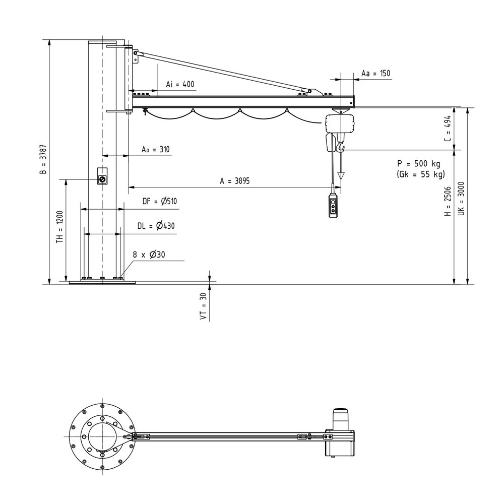 Produktabbildung Nr. 2: VETTER® Schwenkkran inkl. LIFTKET Elektrokettenzug, Säulenausführung, Ausladung 3.900 mm, TK 500 kg