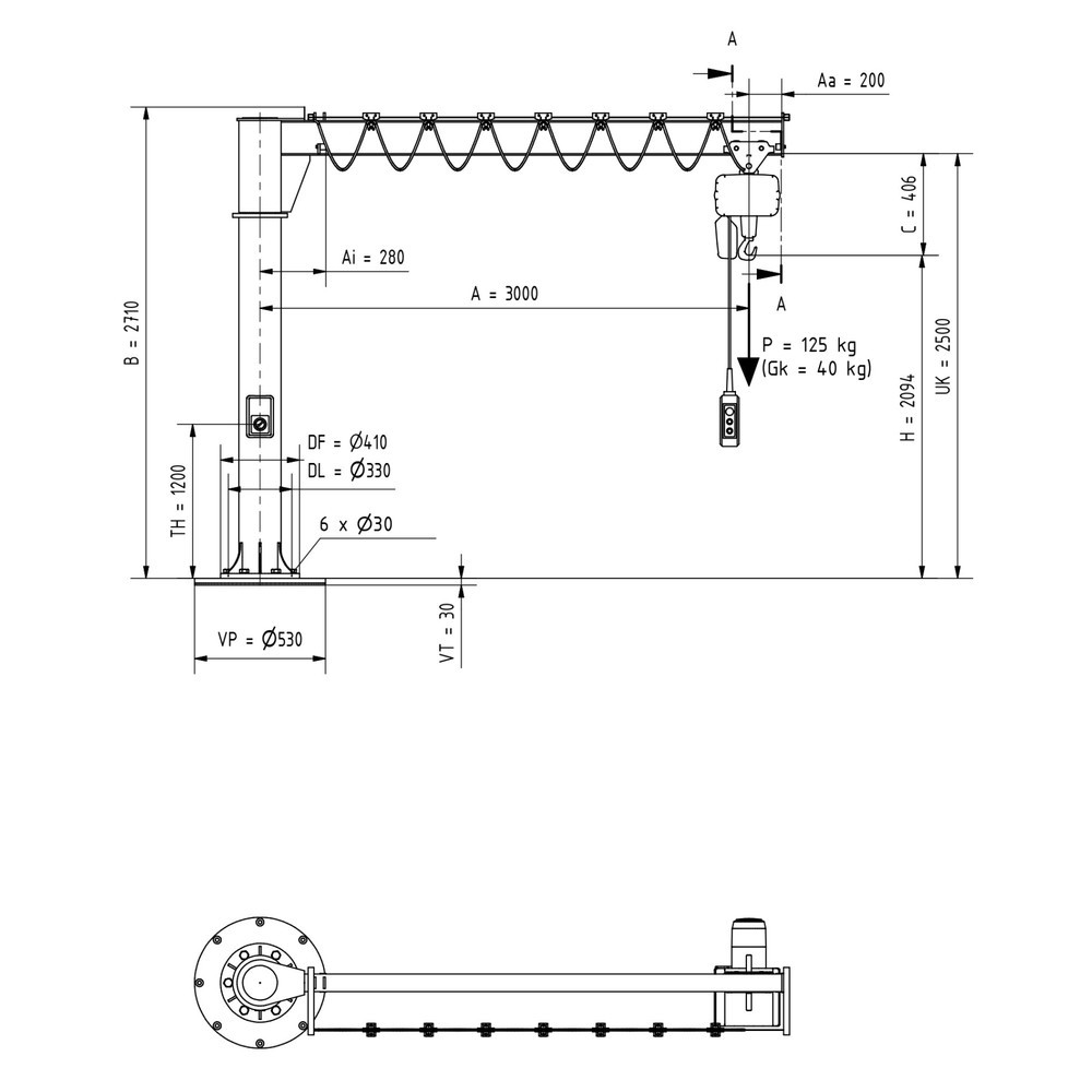 Produktabbildung Nr. 2: VETTER® Schwenkkran inkl. LIFTKET Elektrokettenzug, Säulenausführung, 360° Schwenkbereich, Ausladung 3.000 mm, TK 125 kg