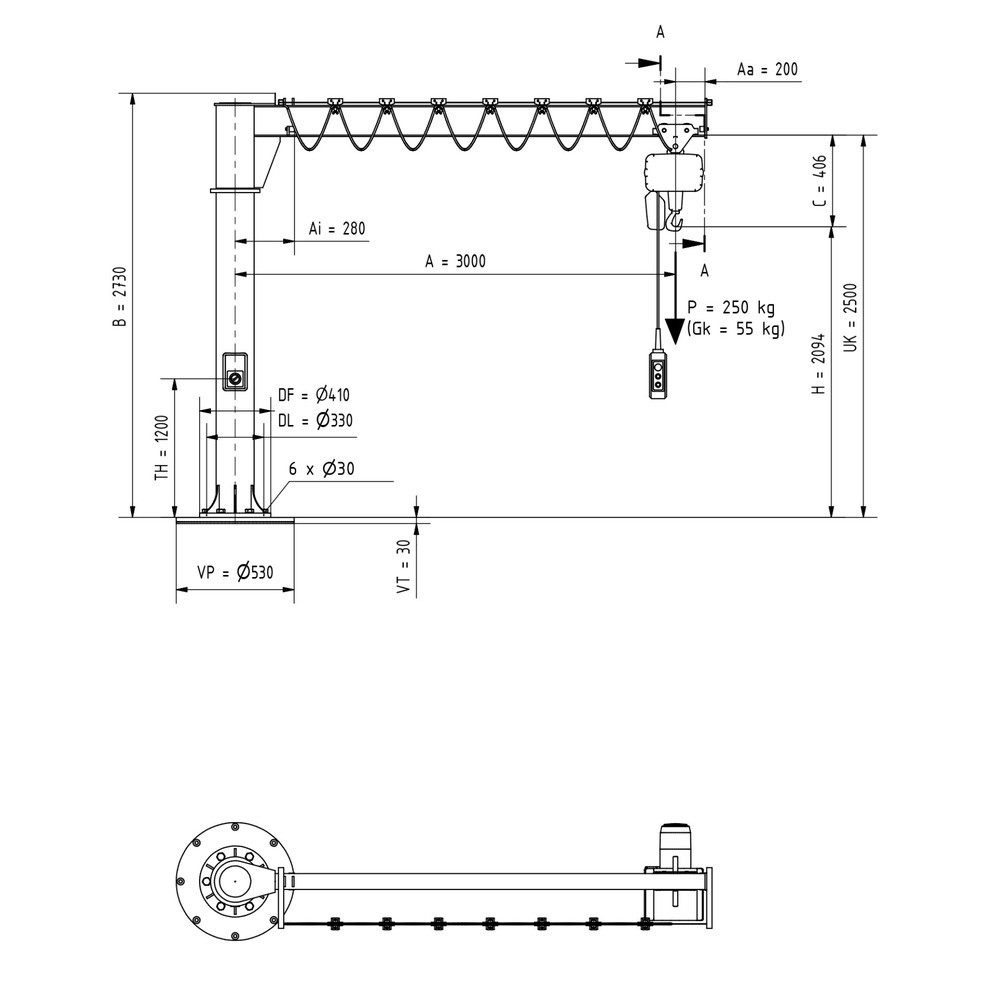 Produktabbildung Nr. 2: VETTER® Schwenkkran inkl. LIFTKET Elektrokettenzug, Säulenausführung, 360° Schwenkbereich, Ausladung 3.000 mm, TK 250 kg