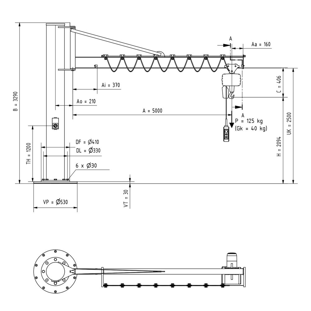 Produktabbildung Nr. 1: VETTER® Schwenkkran inkl. LIFTKET Elektrokettenzug, Säulenausführung mit Abspannung, inkl. Befestigungsmaterial, Ausladung 5.000 mm, TK 125 kg