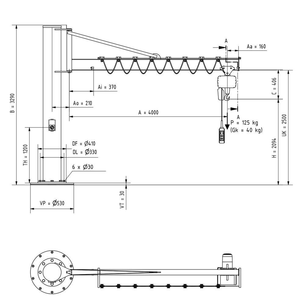Produktabbildung Nr. 1: VETTER® Schwenkkran inkl. LIFTKET Elektrokettenzug, Säulenausführung mit Abspannung, inkl. Befestigungsmaterial, Ausladung 4.000 mm, TK 125 kg
