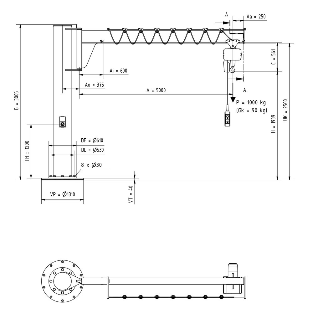 Produktabbildung Nr. 2: VETTER® Schwenkkran inkl. LIFTKET Elektrokettenzug, Säulenausführung, niedrigbauend, inkl. Befestigungsmaterial, Ausladung 5.000 mm, TK 1.000 kg