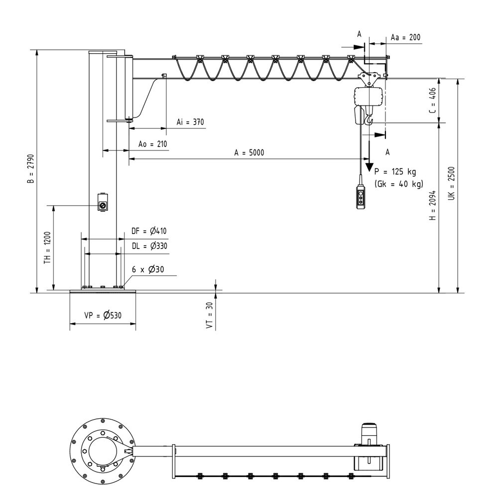 Produktabbildung Nr. 2: VETTER® Schwenkkran inkl. LIFTKET Elektrokettenzug, Säulenausführung, niedrigbauend, inkl. Befestigungsmaterial, Ausladung 5.000 mm, TK 125 kg