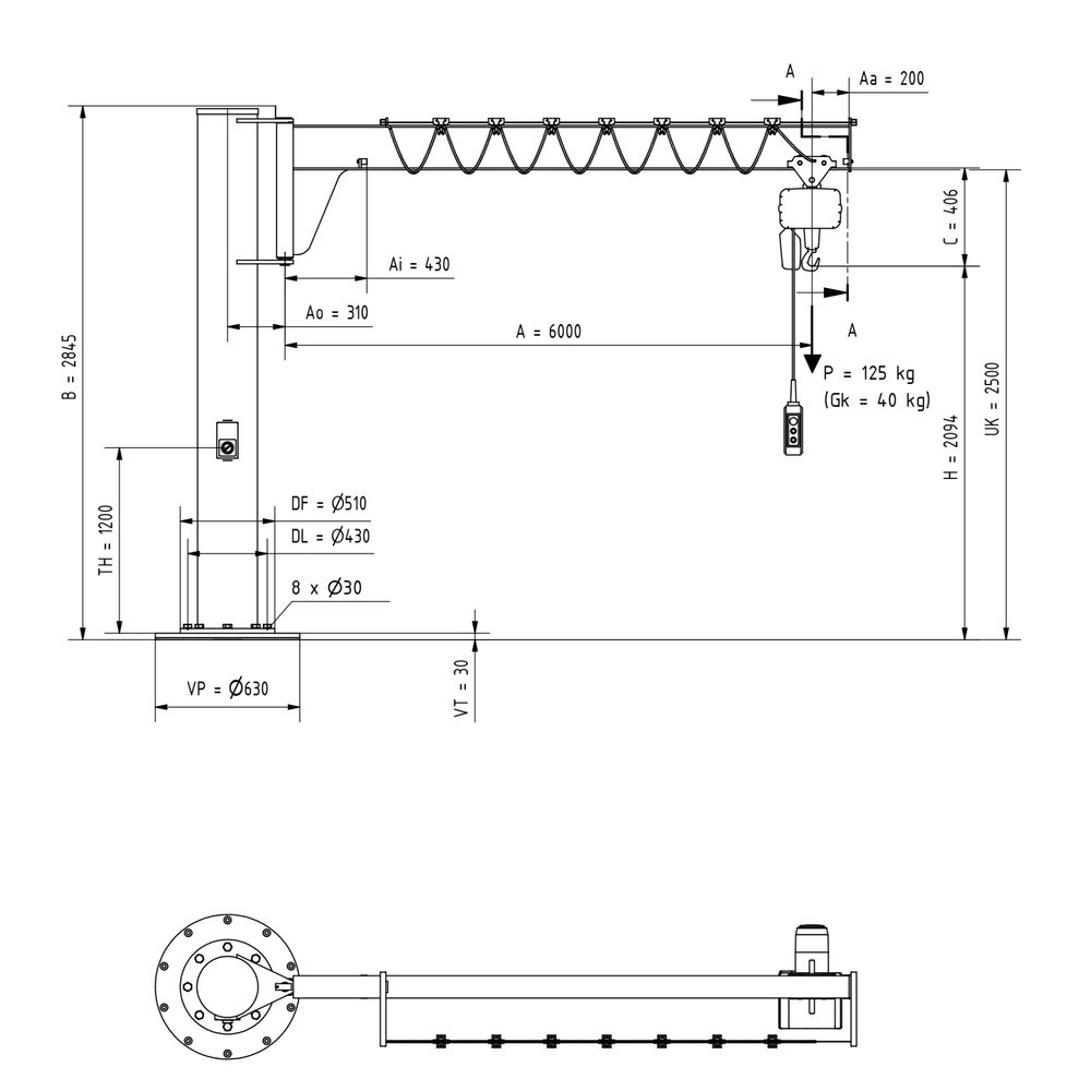 Produktabbildung Nr. 2: VETTER® Schwenkkran inkl. LIFTKET Elektrokettenzug, Säulenausführung, niedrigbauend, inkl. Befestigungsmaterial, Ausladung 6.000 mm, TK 125 kg