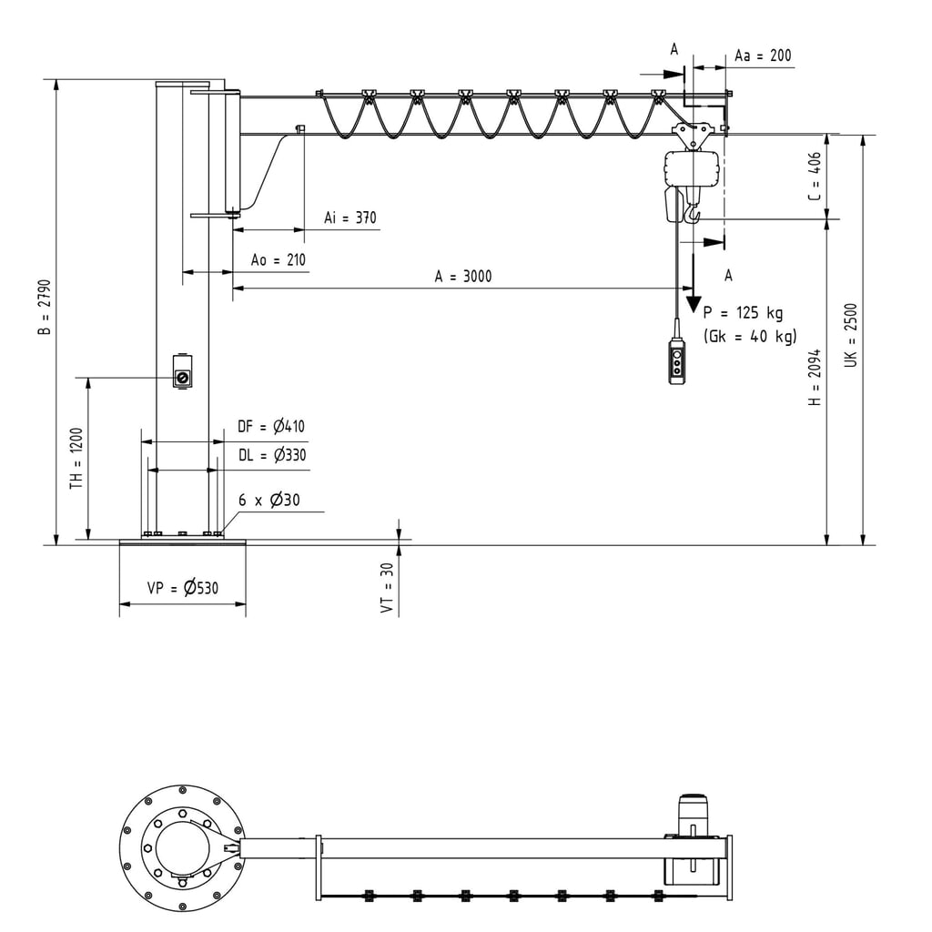 VETTER® Schwenkkran inkl. LIFTKET Elektrokettenzug, Säulenausführung, niedrigbauend, inkl. Befestigungsmaterial, Ausladung 3.000 mm, TK 125 kg Produktabbildung Nr. 3: VETTER® Schwenkkran inkl. LIFTKET Elektrokettenzug, Säulenausführung, niedrigbauend, inkl. Befestigungsmaterial, Ausladung 3.000 mm, TK 125 kg