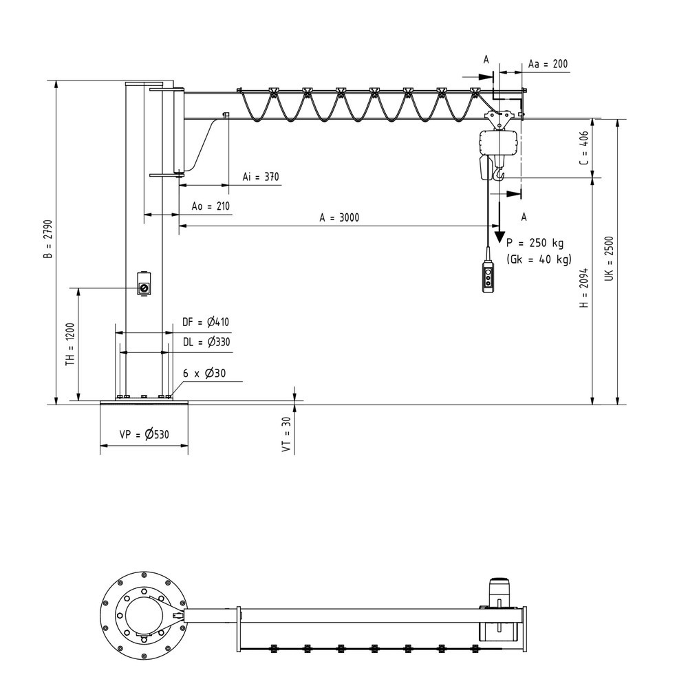 Produktabbildung Nr. 2: VETTER® Schwenkkran inkl. LIFTKET Elektrokettenzug, Säulenausführung, niedrigbauend, inkl. Befestigungsmaterial, Ausladung 3.000 mm, TK 250 kg
