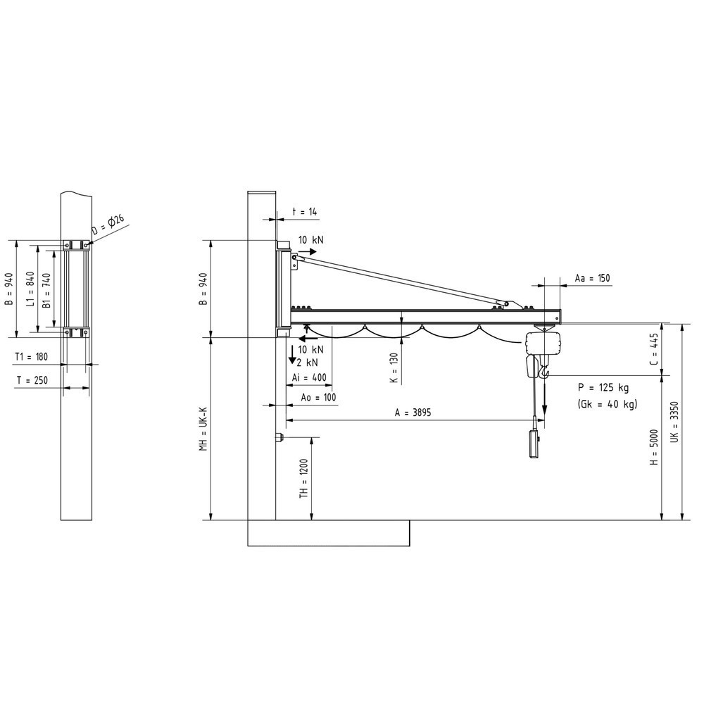 Produktabbildung Nr. 2: VETTER® Schwenkkran inkl. LIFTKET Elektrokettenzug, Wandausführung, Ausladung 3.900 mm, TK 125 kg