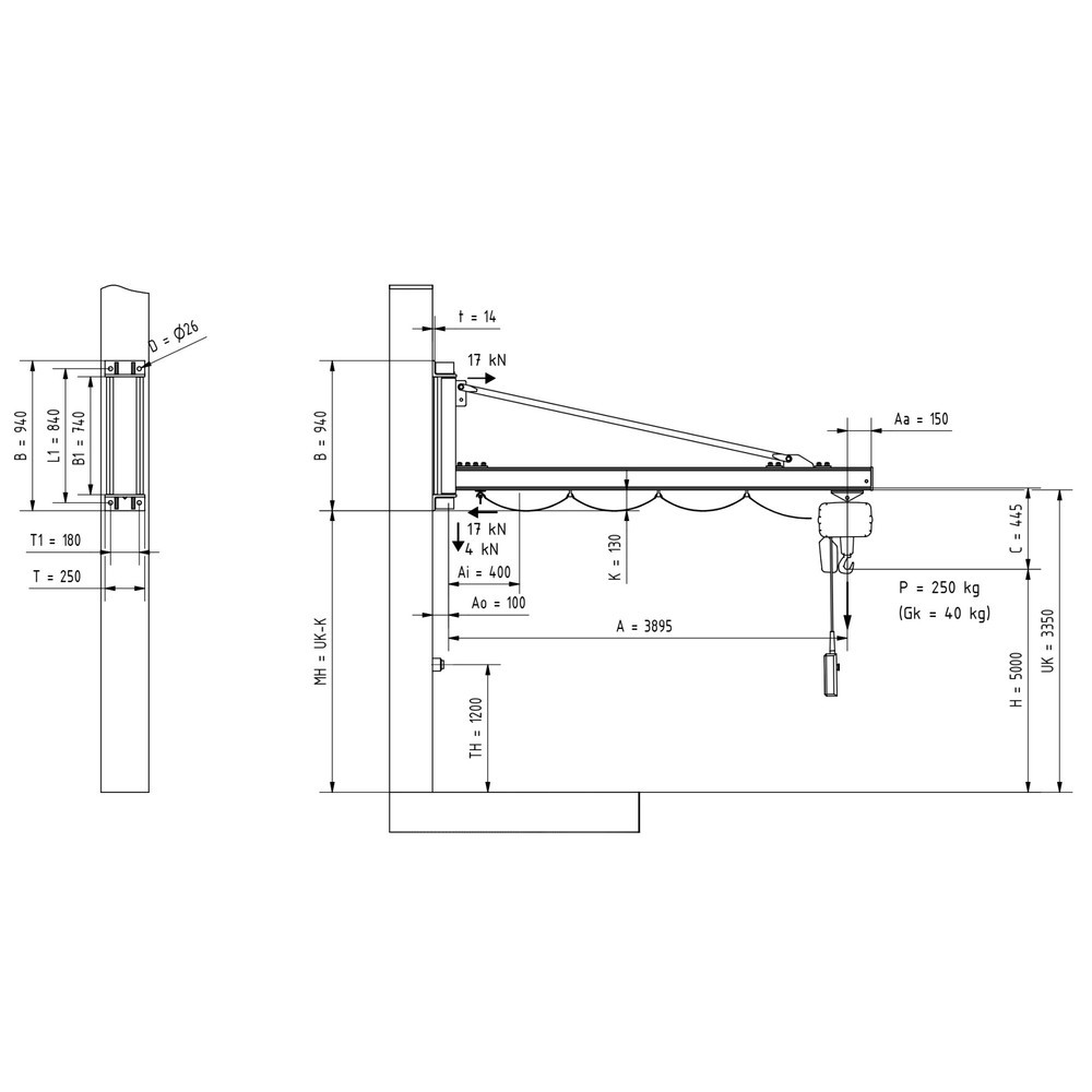 Produktabbildung Nr. 2: VETTER® Schwenkkran inkl. LIFTKET Elektrokettenzug, Wandausführung, Ausladung 3.900 mm, TK 250 kg