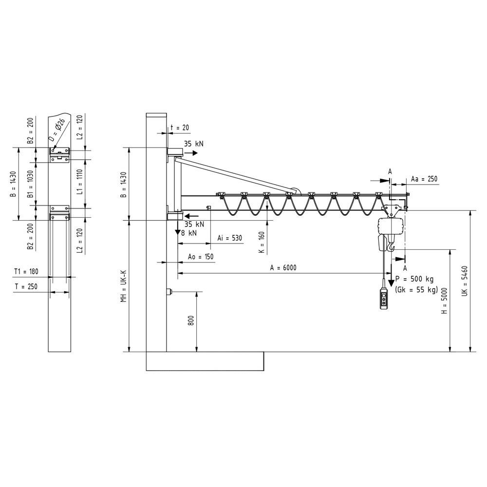 Produktabbildung Nr. 2: VETTER® Schwenkkran inkl. LIFTKET Elektrokettenzug, Wandausführung mit Abspannung, Ausladung 6.000 mm, TK 500 kg