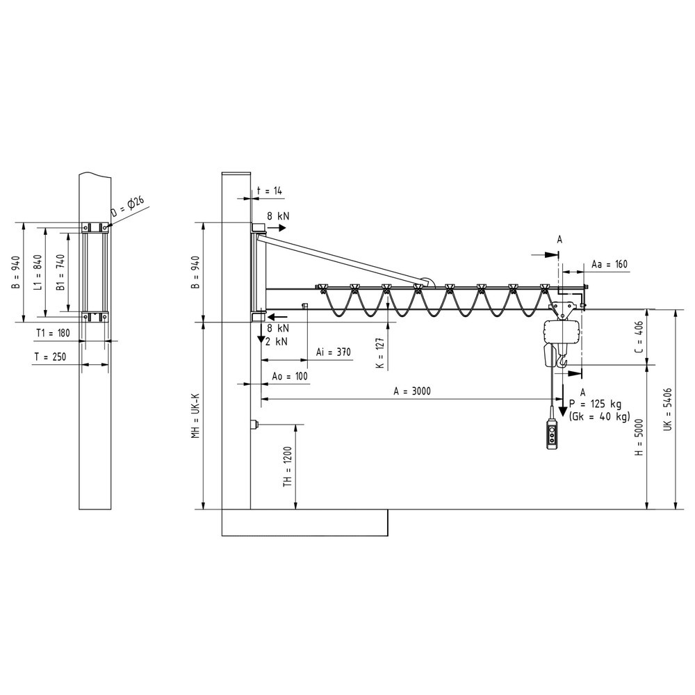 Produktabbildung Nr. 2: VETTER® Schwenkkran inkl. LIFTKET Elektrokettenzug, Wandausführung mit Abspannung, Ausladung 3.000 mm, TK 125 kg