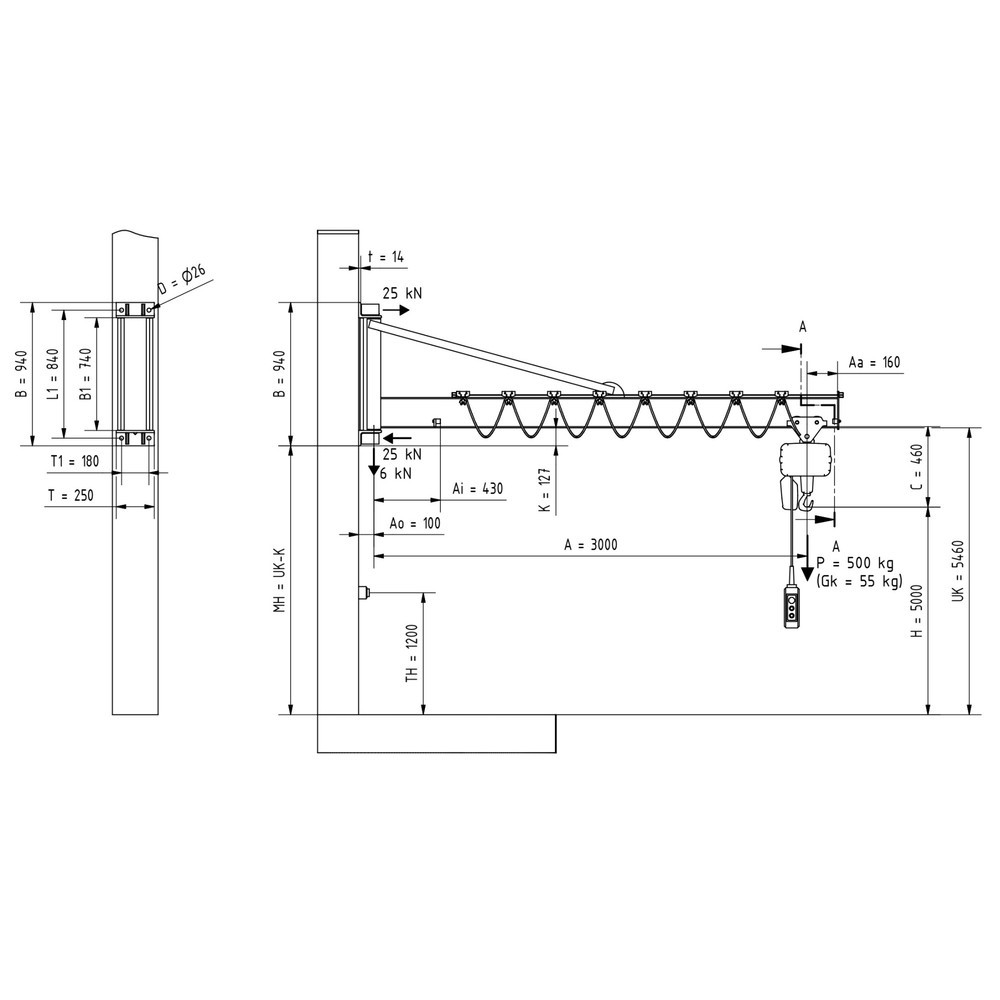 Produktabbildung Nr. 2: VETTER® Schwenkkran inkl. LIFTKET Elektrokettenzug, Wandausführung mit Abspannung, Ausladung 3.000 mm, TK 500 kg