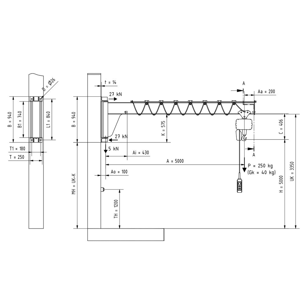 Produktabbildung Nr. 2: VETTER® Schwenkkran inkl. LIFTKET Elektrokettenzug, Wandausführung, niedrigbauend, Ausladung 5.000 mm, TK 250 kg