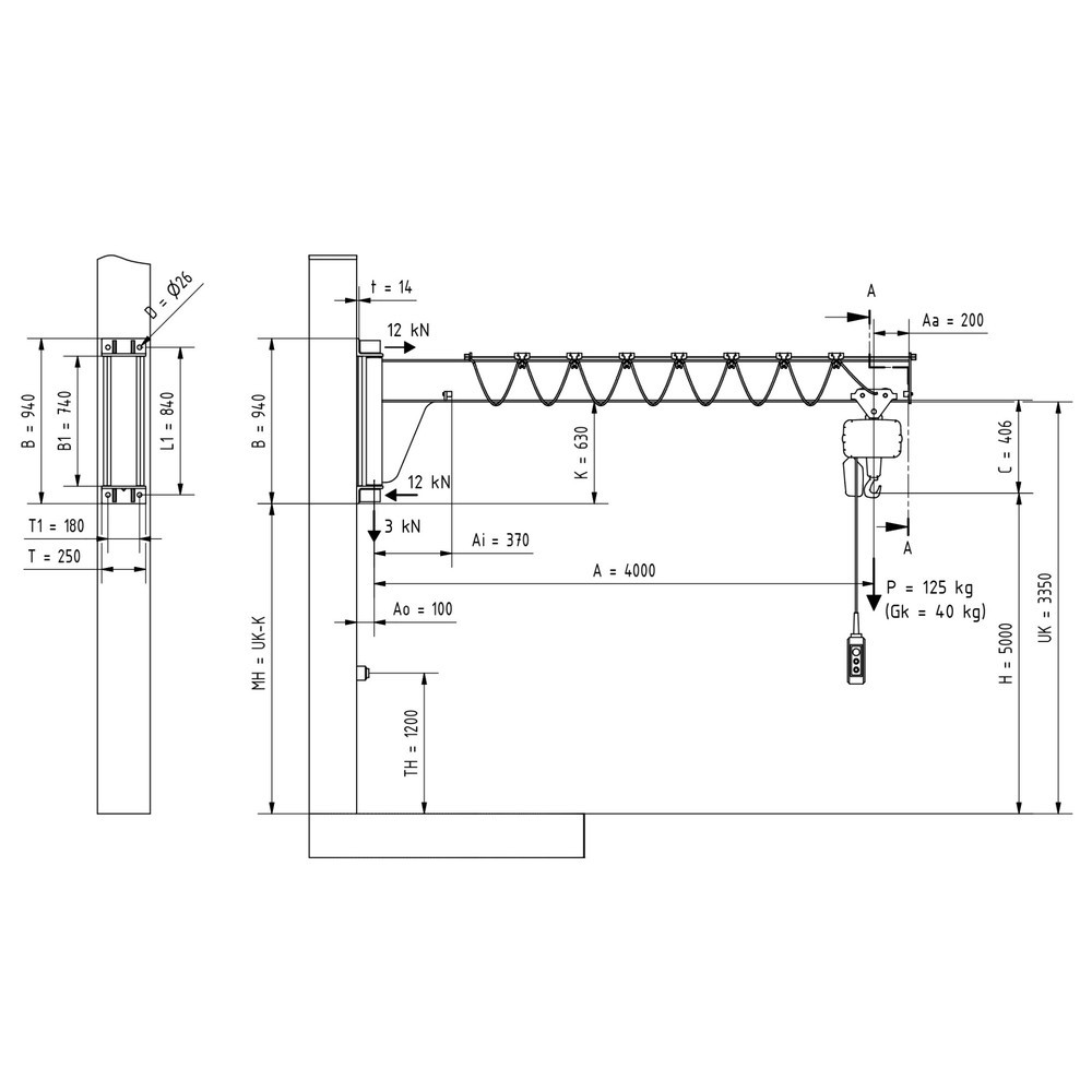 Produktabbildung Nr. 2: VETTER® Schwenkkran inkl. LIFTKET Elektrokettenzug, Wandausführung, niedrigbauend, Ausladung 4.000 mm, TK 125 kg