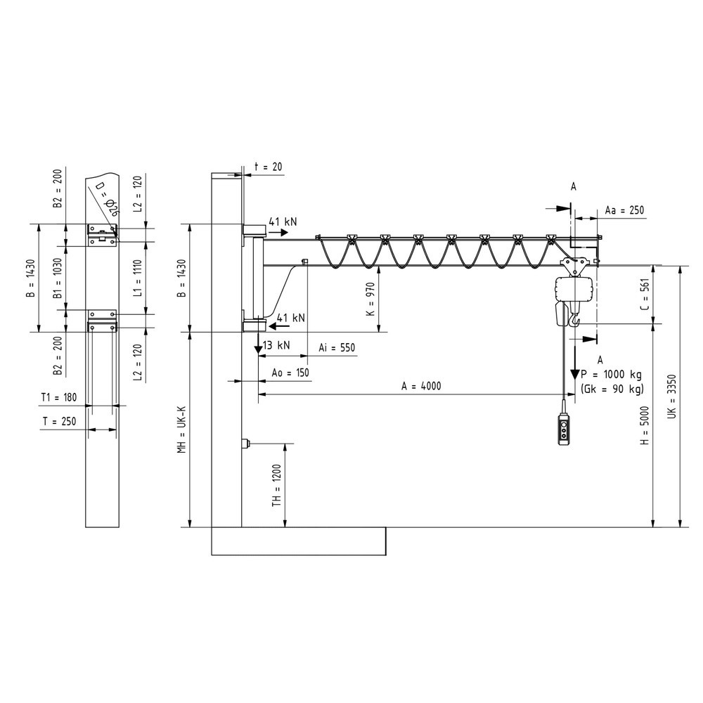 Produktabbildung Nr. 2: VETTER® Schwenkkran inkl. LIFTKET Elektrokettenzug, Wandausführung, niedrigbauend, Ausladung 4.000 mm, TK 1.000 kg